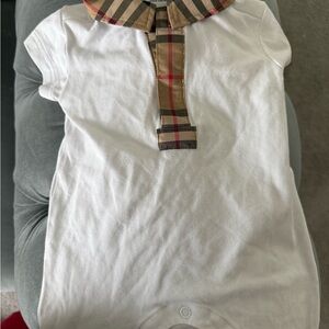 Burberry Kids White Polo with Tan Plaid Collar
